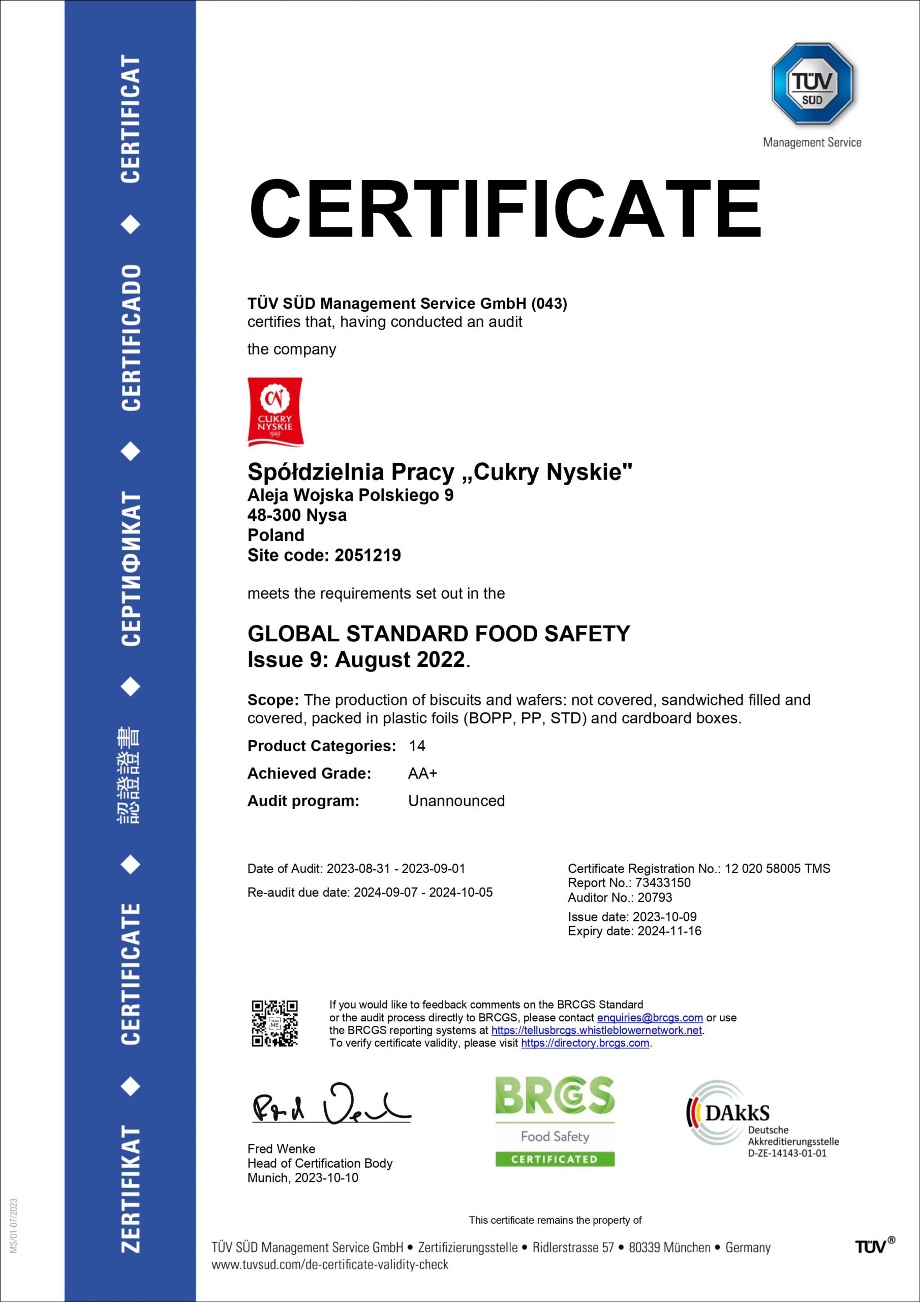 BRC certificate Cukry Nyskie Poland
